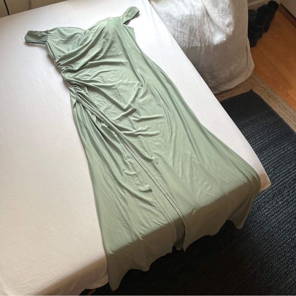 FAERIESTY sage green satin draped off shoulder maxi gown formal event bridal